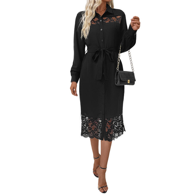 Damen Blusenkleid mit Spitzenakzenten und taillierbarem Gürtel Stalluxe