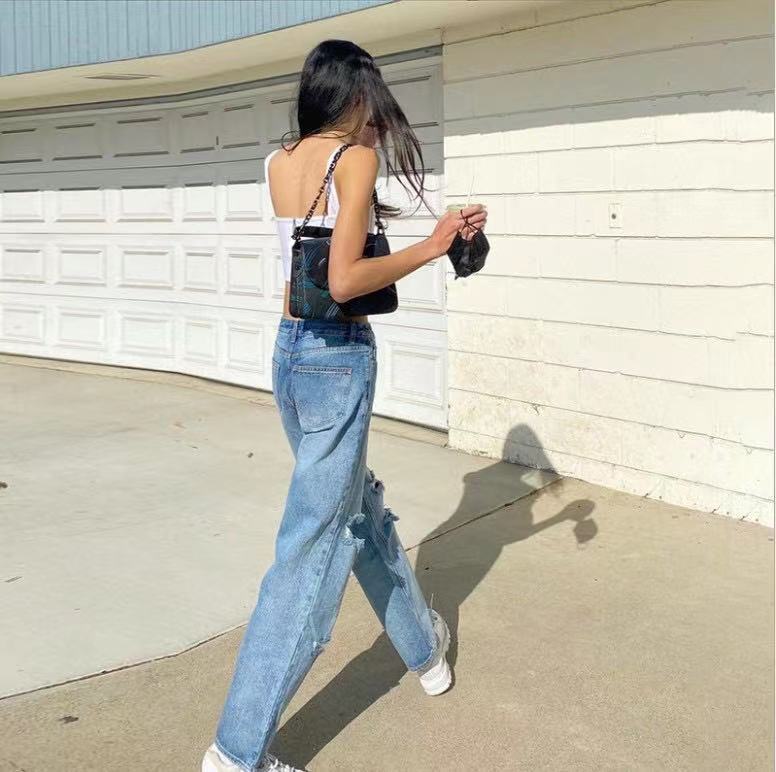 Damen Vintage-Style Mom-Jeans mit ausgefransten Rissen und hohem Bund Stalluxe
