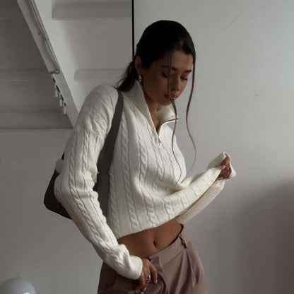 Damen cropped Pullover mit Zopfmuster und Reißverschluss Stalluxe