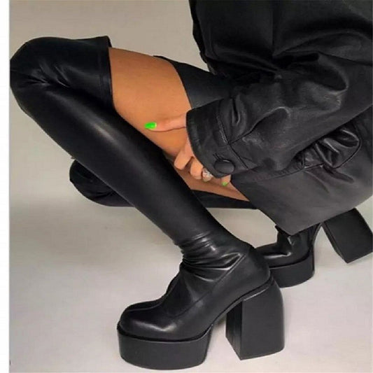 Damen Überknee-Stiefel mit klobigem Blockabsatz und elastischem Obermaterial Stalluxe