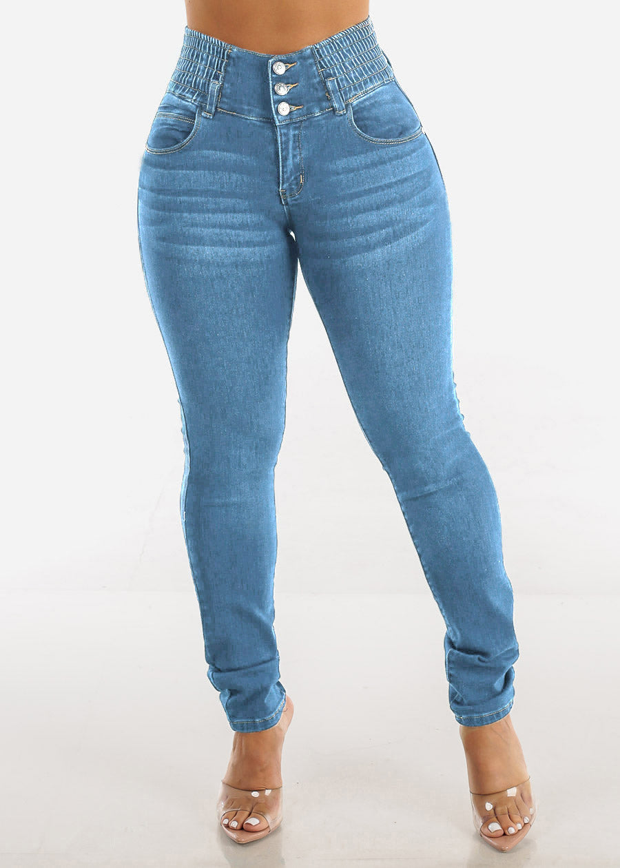 Damen Slim Fit Jeanshose mit elastischem Bund und Knopfverschluss Stalluxe