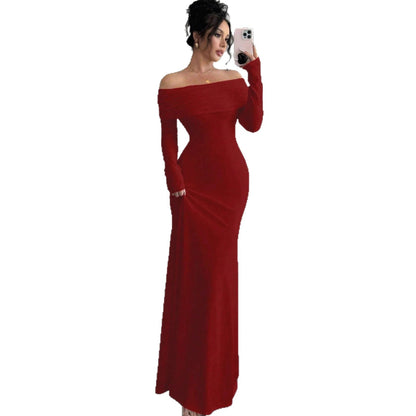 Damen elegantes Schulterfreies Langarm-Maxi-Kleid mit raffinierten Rückendetails Stalluxe