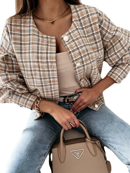 Damen Modischer Karostrickjacke mit einzigartigem Knopfverschluss Stalluxe