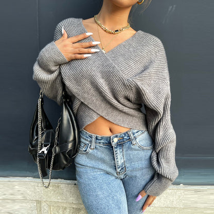 Damen Gemütlicher Strickpullover mit modernem Wickeldesign Stalluxe