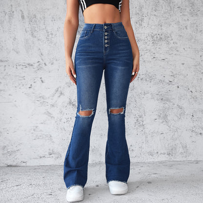 Damen Schlagjeans mit distressed Details und hohem Bund Stalluxe