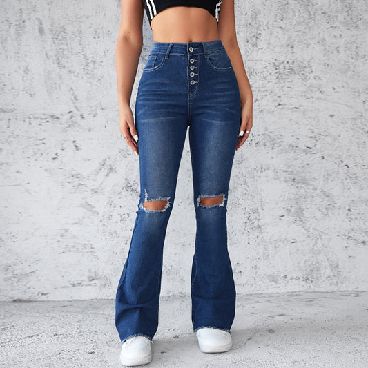 Damen Schlagjeans mit distressed Details und hohem Bund Stalluxe