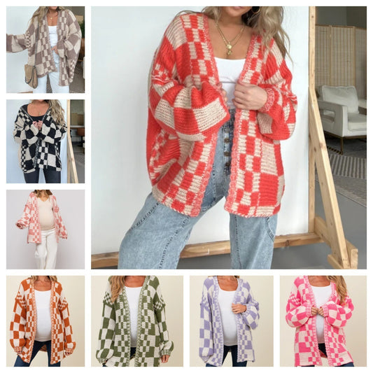 Damen Übergroße Karomuster-Strickjacke mit Taschen Stalluxe