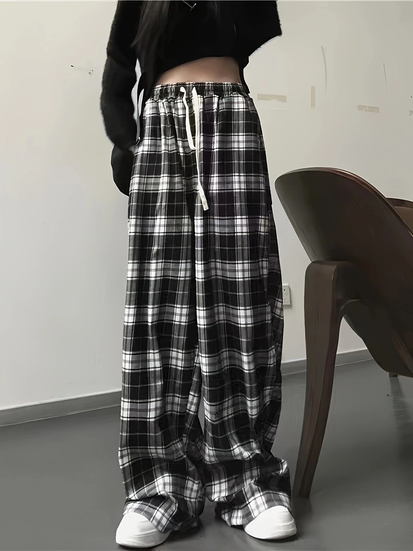 Damen Karierte Freizeithose mit elastischem Bund und Kordelzug Stalluxe