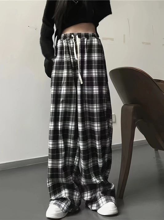 Damen Karierte Freizeithose mit elastischem Bund und Kordelzug Stalluxe