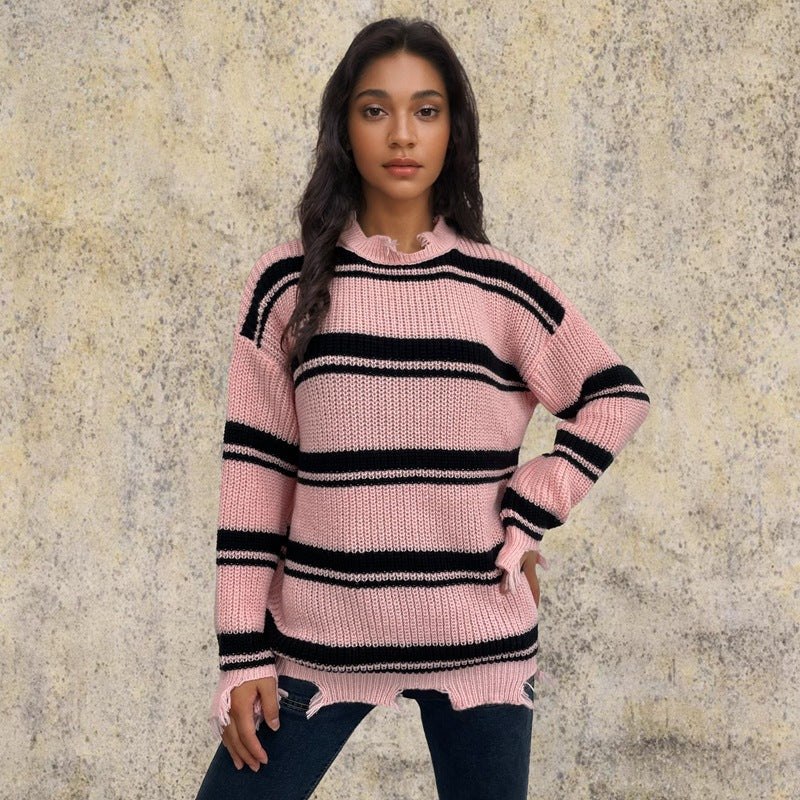 Damen Grob gestrickter Oversized Pullover mit Fransen und Querstreifen Stalluxe