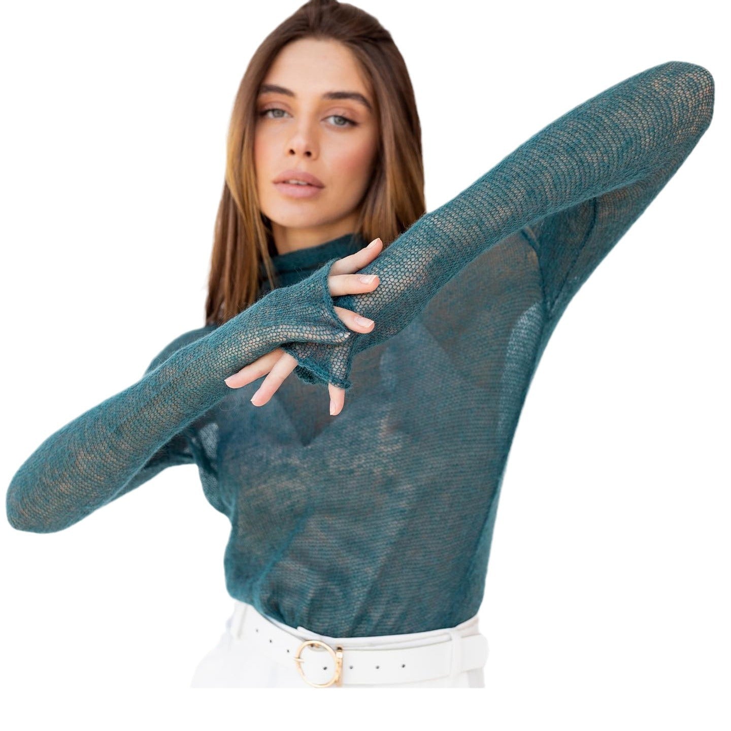 Damen Eleganter Strickpullover mit V-Ausschnitt und hohem Kragen Stalluxe