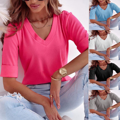 Damen V-Ausschnitt Kurzarmshirt aus geripptem Stoff Stalluxe