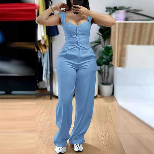Damen Figurbetonter Jumpsuit mit tailliertem Schnitt und Knopfleiste Stalluxe