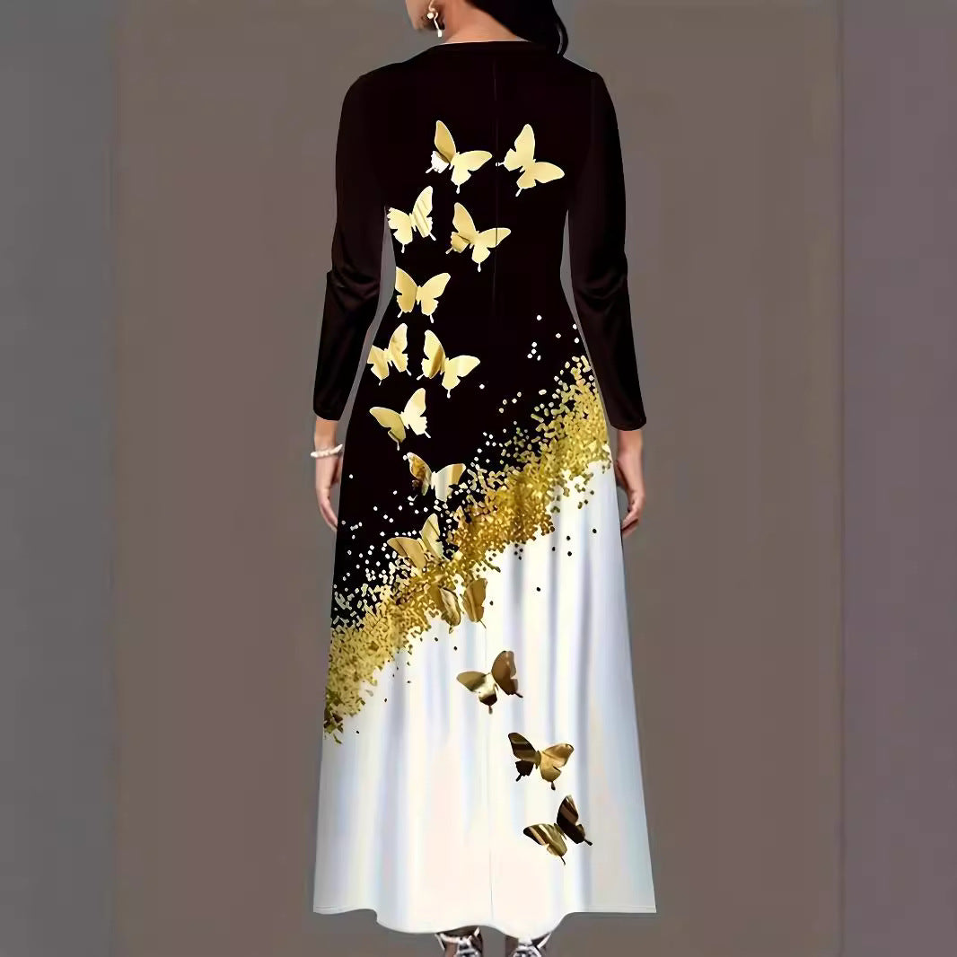 Damen Maxikleid mit elegantem Schmetterlingsmuster und funkelndem Goldakzent Stalluxe