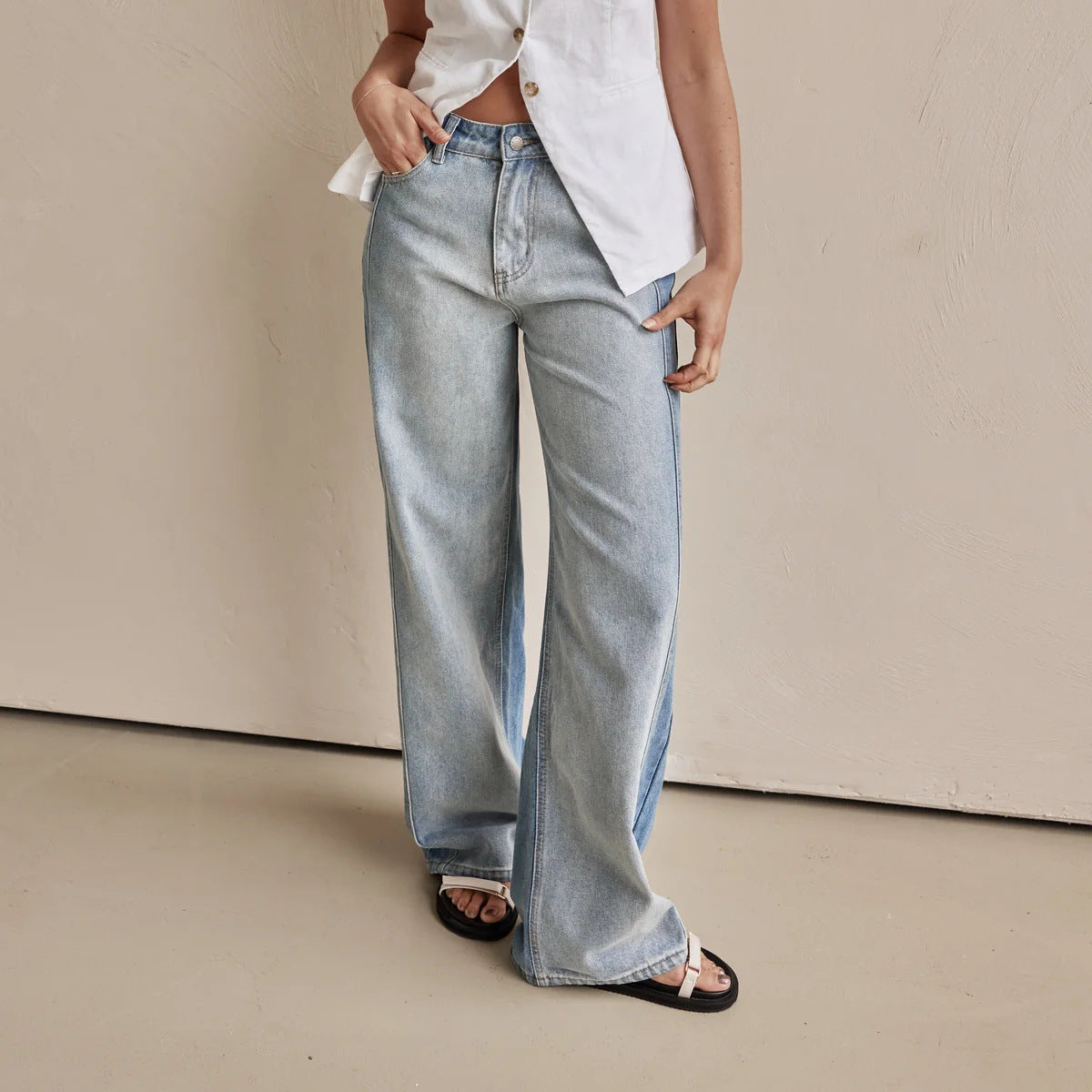 Damen Weit geschnittene Jeans mit hohem Bund und seitlichen Kontraststreifen Stalluxe