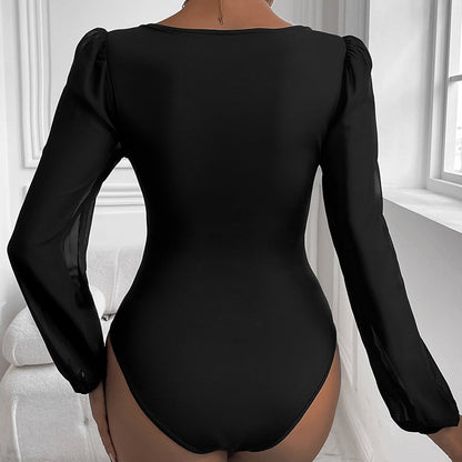 Damen Eleganter Body mit romantischen Puffärmeln und V-Ausschnitt Stalluxe