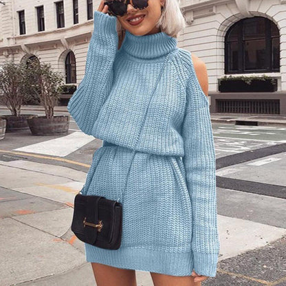 Damen Langarm-Strickkleid mit hohem Kragen und offenem Schulterdesign Stalluxe