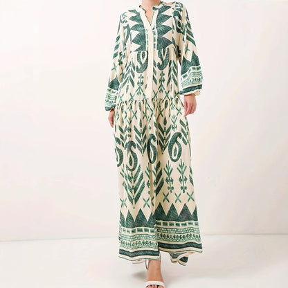 Damen Maxikleid mit kunstvollem geometrischen Muster und Knopfdetails Stalluxe