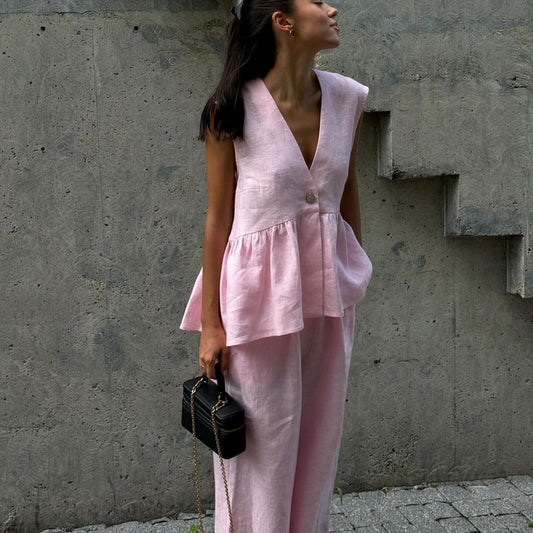 Damen luftige Leinenbluse und weite Hose Stalluxe