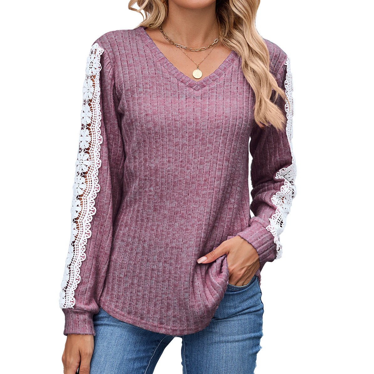Damen Relaxed Fit V-Ausschnitt Pullover mit Spitzenakzenten Stalluxe