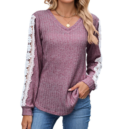 Damen Relaxed Fit V-Ausschnitt Pullover mit Spitzenakzenten Stalluxe