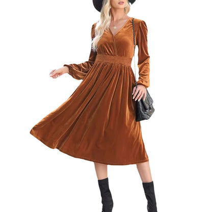 Damen Midi-Kleid aus weichem Samt mit V-Ausschnitt und Puffärmeln Stalluxe