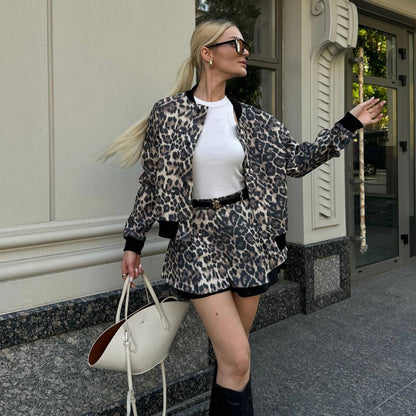 Damen Set bestehend aus Leopardenmuster-Blouson und Rock Stalluxe