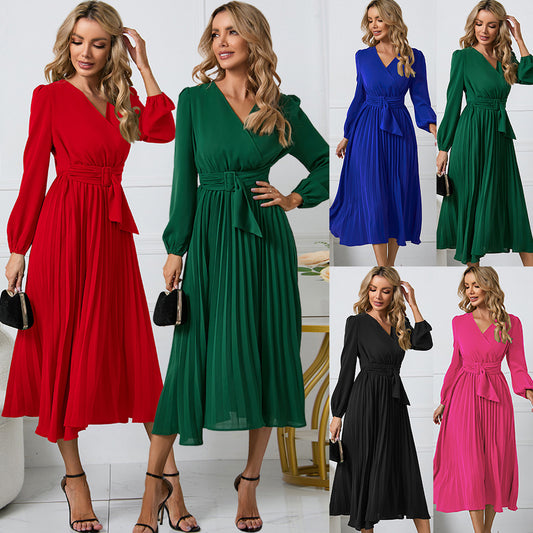 Damen Plissiertes Wickelkleid mit elegantem V-Ausschnitt und Taillengürtel Stalluxe
