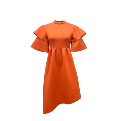 Damen Elegantes Midi-Kleid mit Rüsche und voluminösen Ärmeln Stalluxe Orange