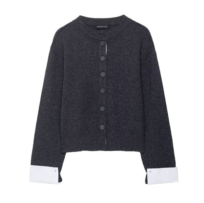 Damen modische Strickjacke mit kontrastierenden Ärmeln und durchgehender Knopfleiste Stalluxe