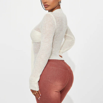 Damen Elegantes Strickoberteil mit feiner Maschenstruktur und transparenten Einsätzen Stalluxe