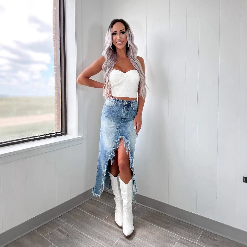 Damen Jeansrock mit asymmetrischem Schlitz und Fransensaum Stalluxe