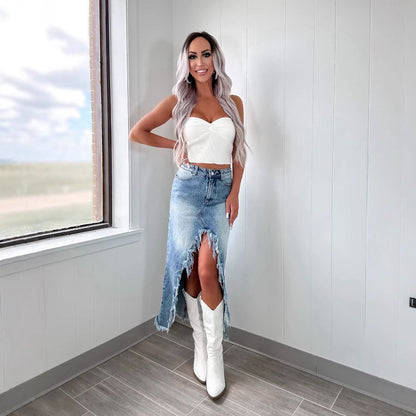 Damen Jeansrock mit asymmetrischem Schlitz und Fransensaum Stalluxe