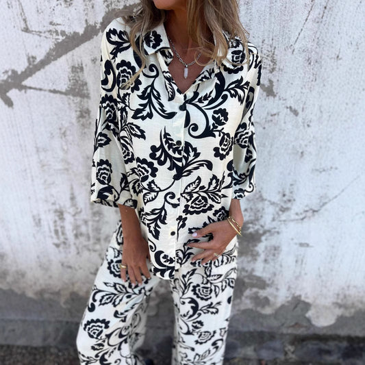 Women's Floral Print Button-Up Shirt and Wide-Leg Trouser Set Stalluxe