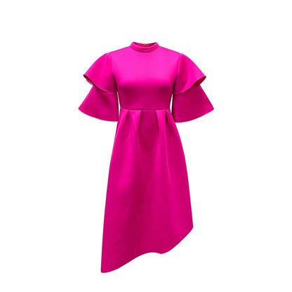 Damen Elegantes Midi-Kleid mit Rüsche und voluminösen Ärmeln Stalluxe Magenta