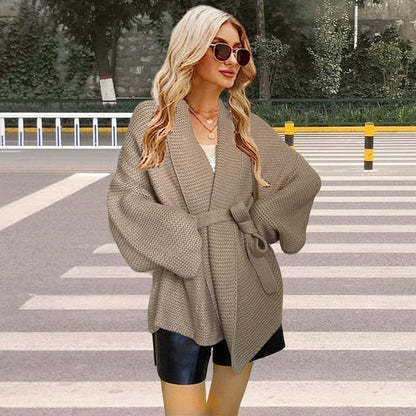 Damen gemütliche Strickjacke mit breitem Gürtel und angeschnittenen Ärmeln Stalluxe