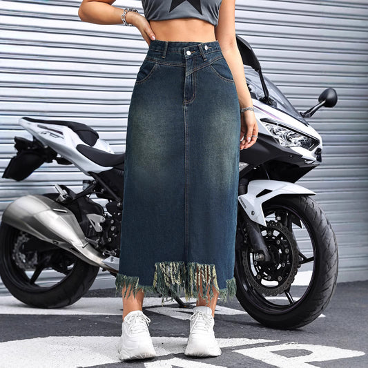 Damen Maxirock mit Fransensaum und hohem Bund Stalluxe