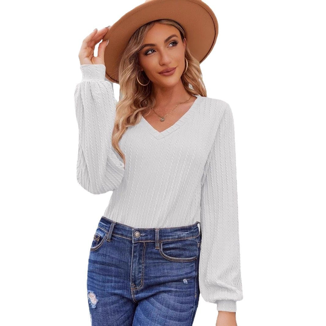 Damen Strickbluse mit feiner Rippstruktur und lässigem V-Ausschnitt Stalluxe