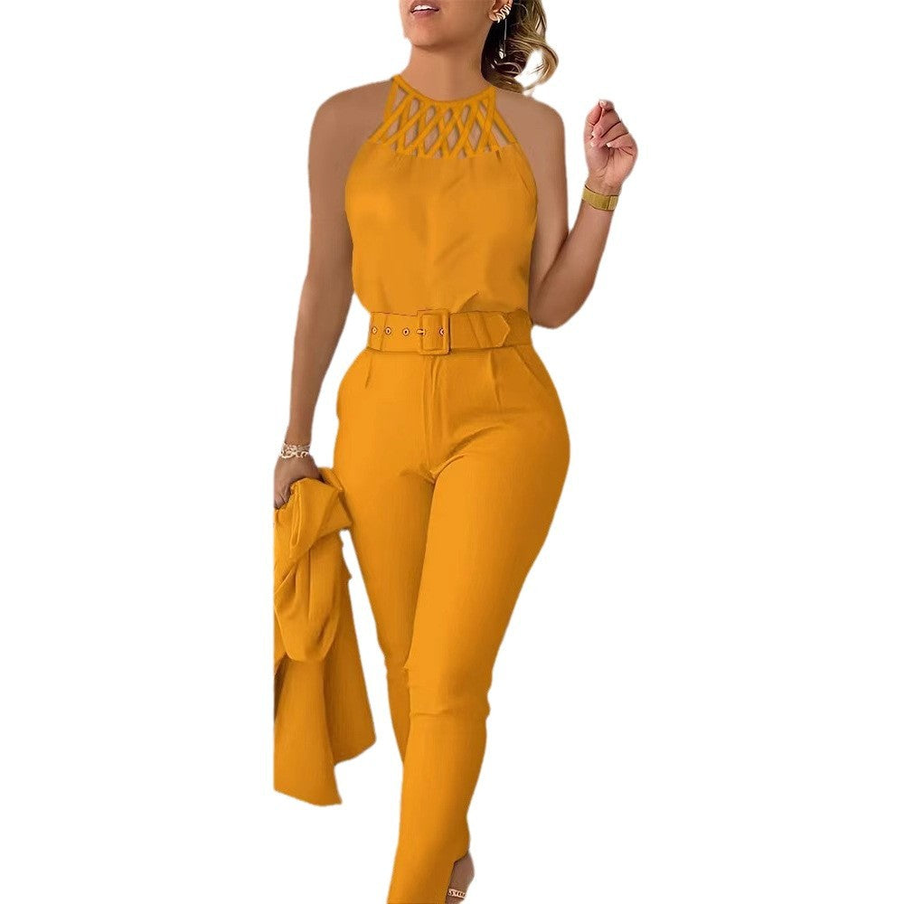 Damen eleganter Jumpsuit mit geflochtenem Trägersystem und tailliertem Schnitt Stalluxe