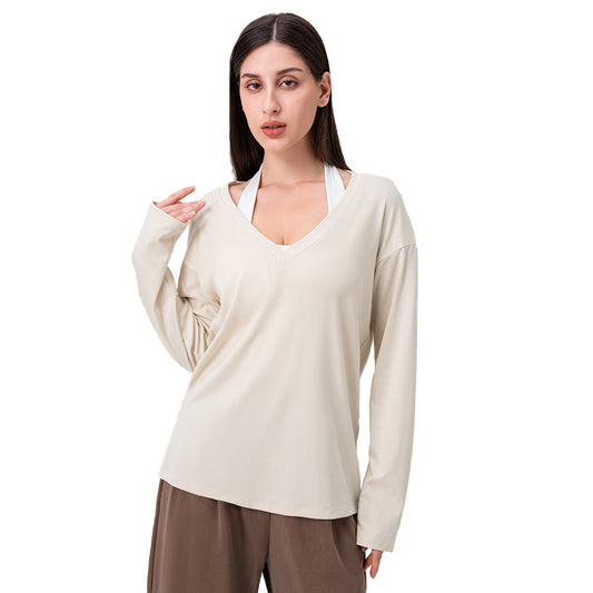 Damen Lässiges V-Ausschnitt Langarmshirt mit lockerer Passform Stalluxe