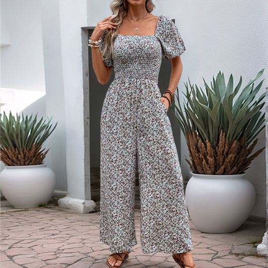 Damen farbenfrohes Blumensommeroverall mit Puffärmeln Stalluxe