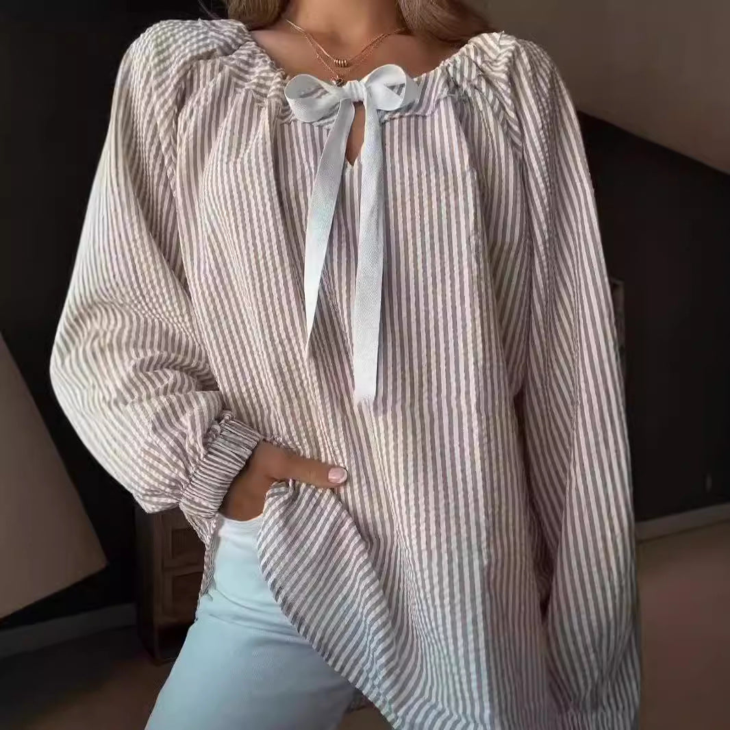 Damen Bluse mit elastischem Ausschnitt und Schleifenbindung Stalluxe