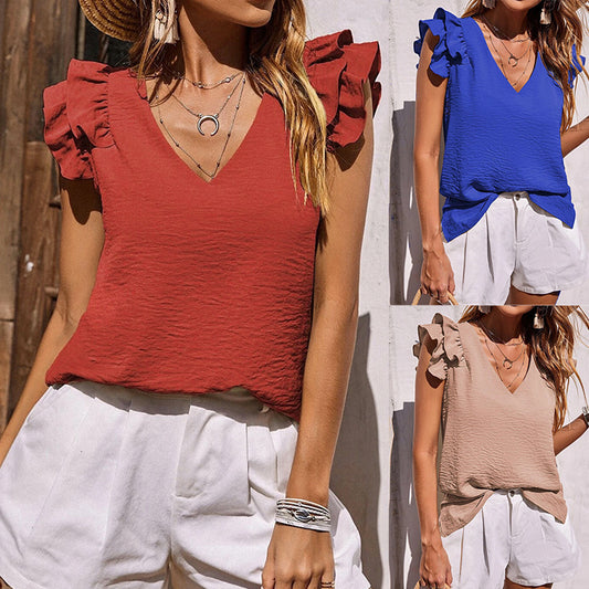 Damen Rüschenärmel V-Ausschnitt Bluse Stalluxe