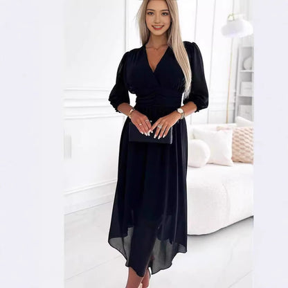 Damen Midikleid mit raffiniertem V-Ausschnitt und Puffärmeln Stalluxe