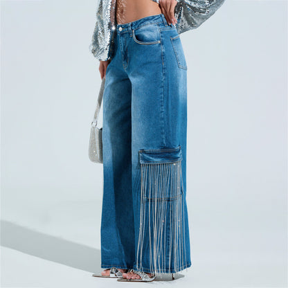 Damen Cargo-Jeans mit Glitzerfransen und tiefen Seitentaschen Stalluxe