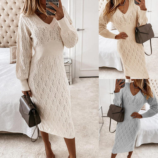 Damen Strickkleid mit halbtransparentem Muster und schickem V-Ausschnitt Stalluxe