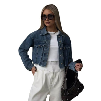 Damen cropped Denimjacke mit lässigen Fransen Stalluxe