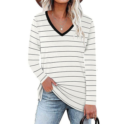 Damen V-Ausschnitt Langarmshirt mit Streifenmuster und seitlichen Schlitzen Stalluxe