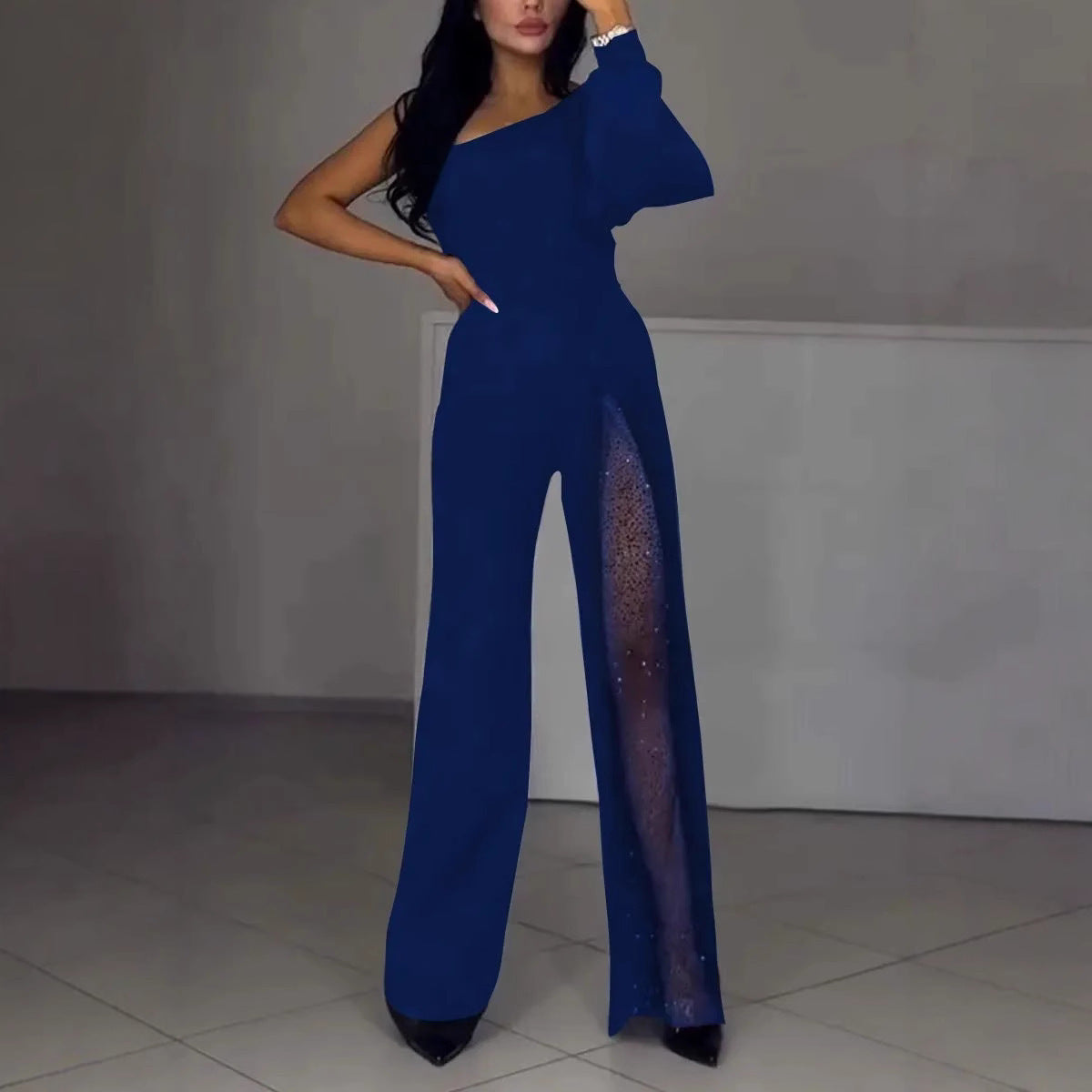 Women's Asymmetrical One-Shoulder Jumpsuit with Sequined Panel Stalluxe