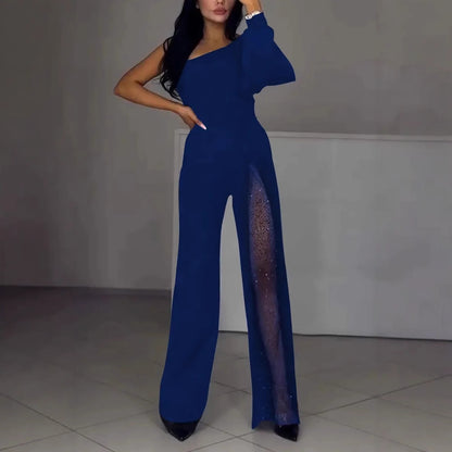 Women's Asymmetrical One-Shoulder Jumpsuit with Sequined Panel Stalluxe